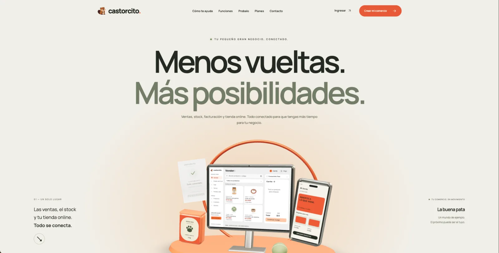 Página de inicio de Castorcito: «Menos vueltas. Más posibilidades.» con el sistema en computadora y celular