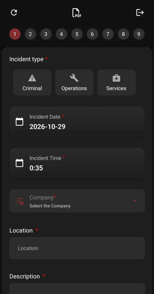 App de Federal Tactics: primer paso del reporte de incidentes, con tipo, fecha, hora, empresa y lugar