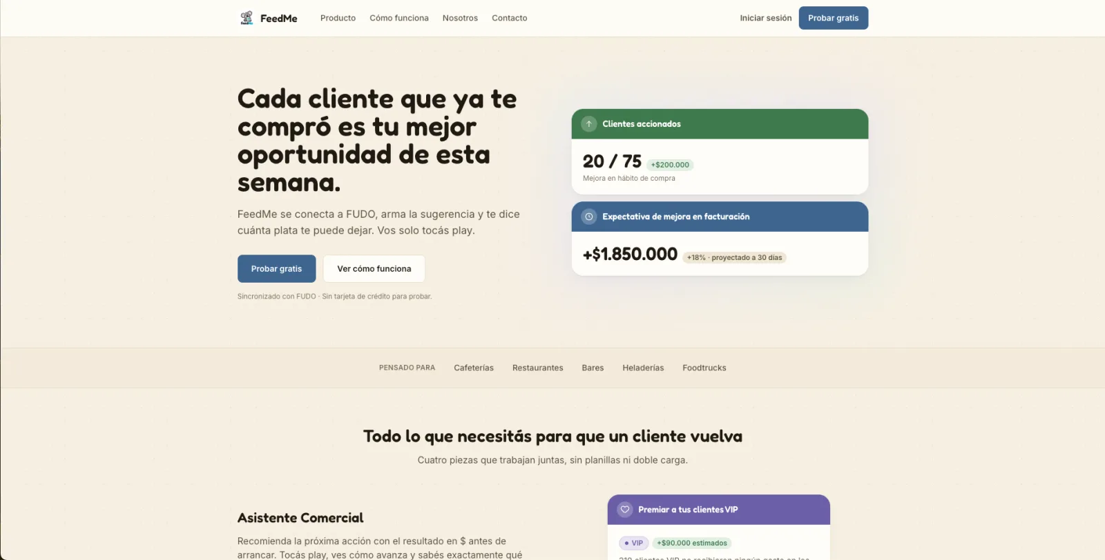 Página de inicio de FeedMe con tarjetas de ejemplo de clientes accionados y mejora esperada