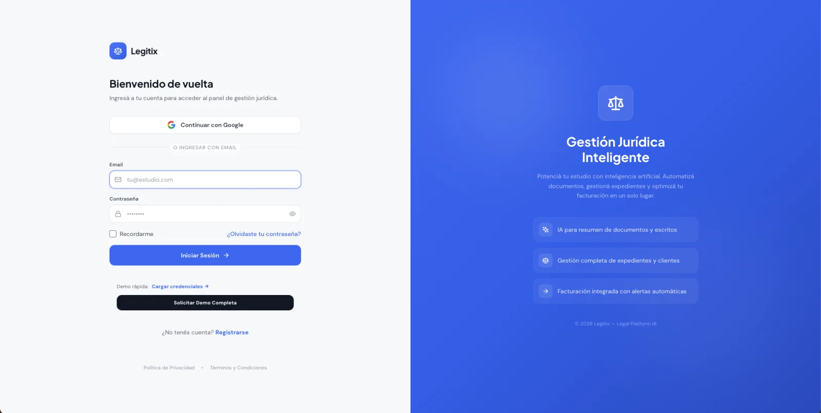 Pantalla de ingreso de Legitix, con acceso por Google o email