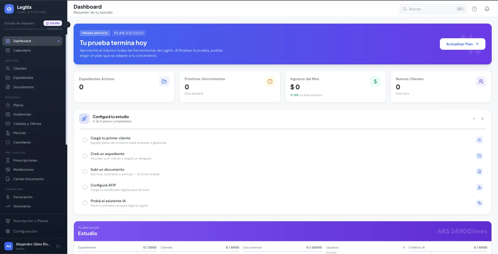 Panel de Legitix: resumen del estudio con expedientes, vencimientos, ingresos y pasos de configuración